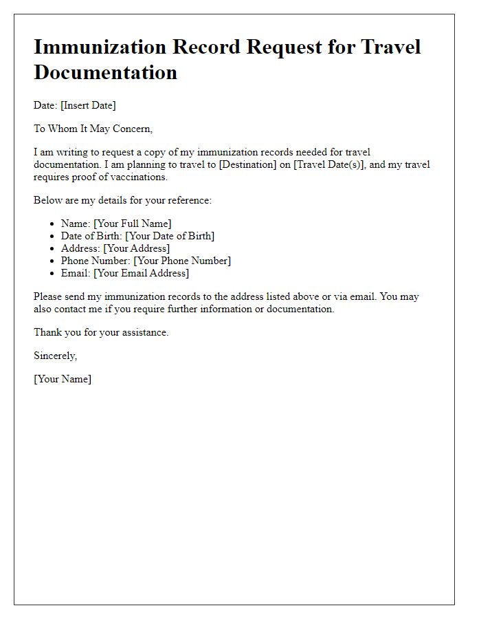 Letter template of Immunization Record Request for Travel Documentation