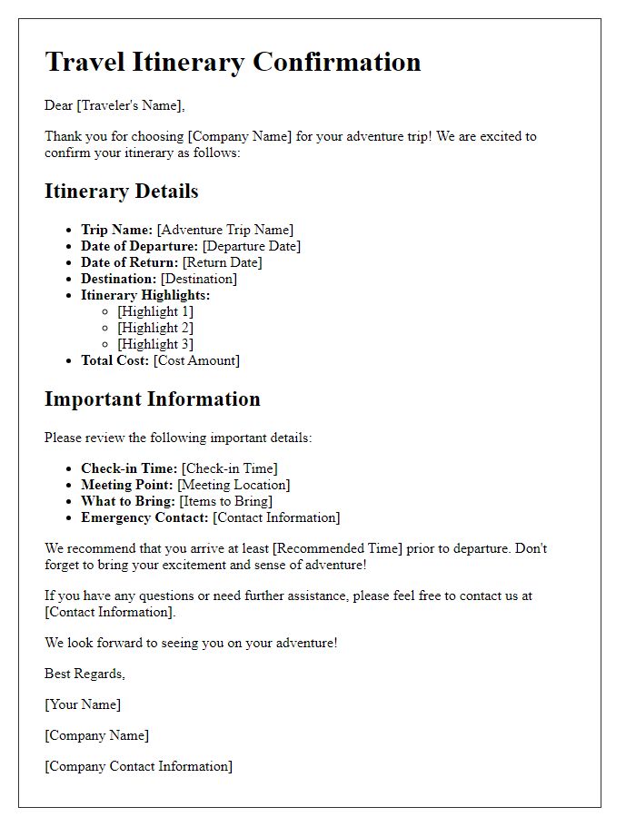 Letter template of travel itinerary confirmation for adventure trips