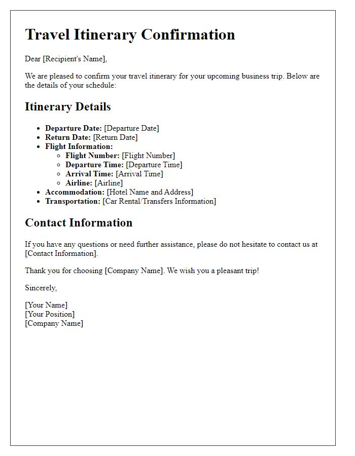 Letter template of travel itinerary confirmation for business trips