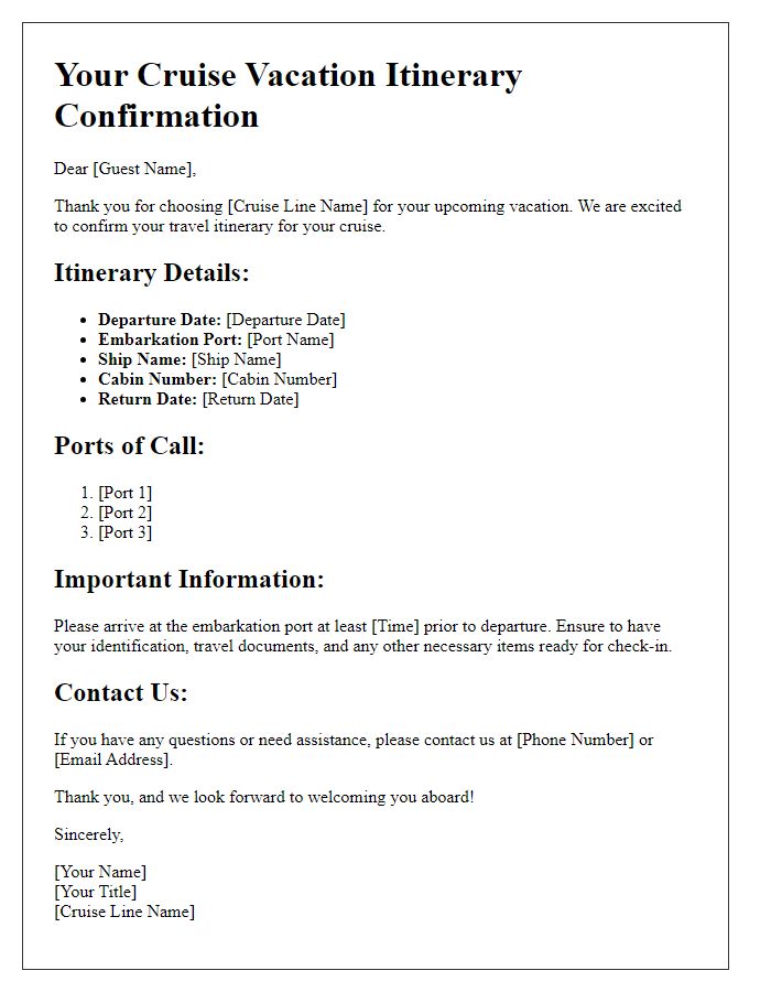 Letter template of travel itinerary confirmation for cruise vacations