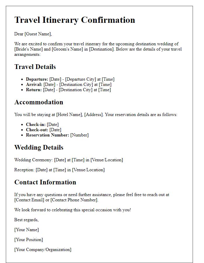 Letter template of travel itinerary confirmation for destination weddings