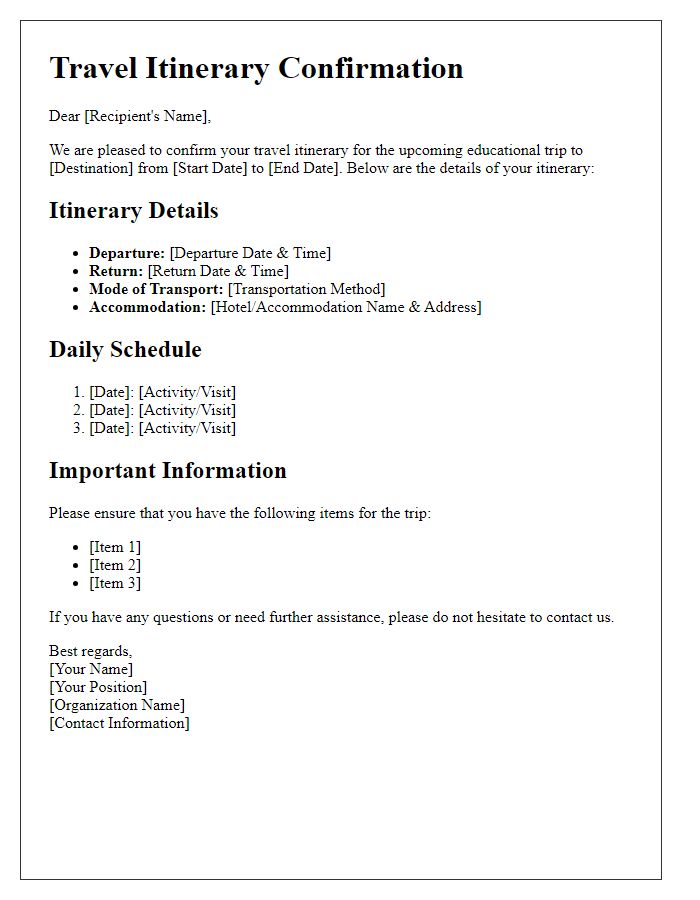 Letter template of travel itinerary confirmation for educational trips