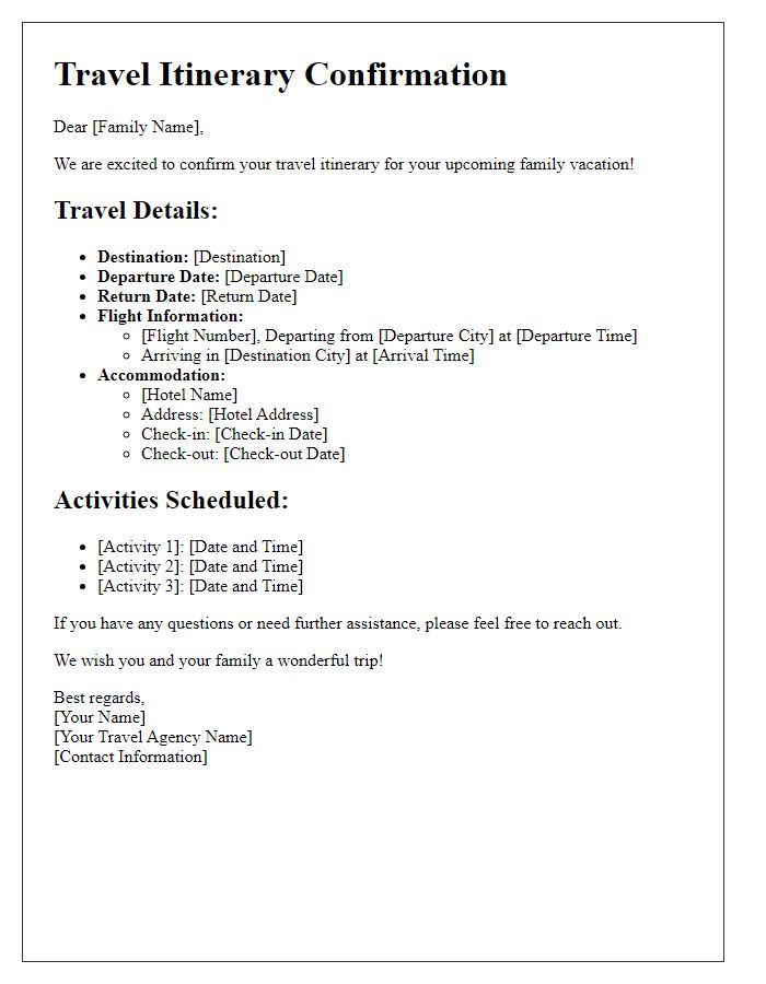 Letter template of travel itinerary confirmation for family vacations