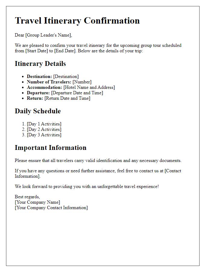 Letter template of travel itinerary confirmation for group tours