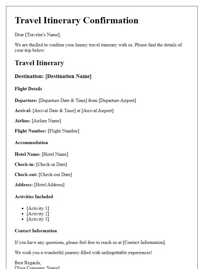 Letter template of travel itinerary confirmation for luxury travel experiences