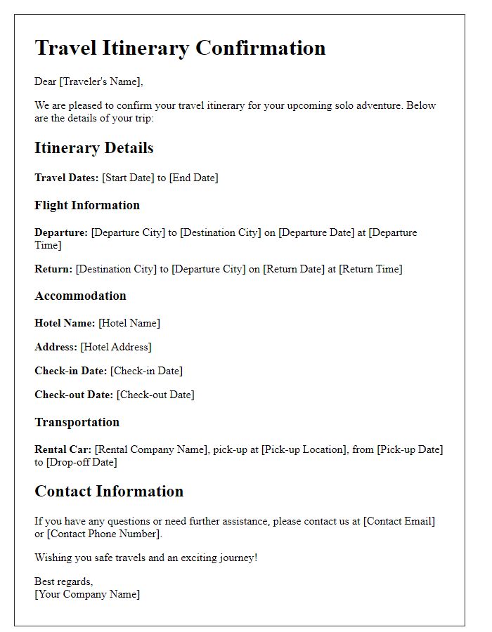 Letter template of travel itinerary confirmation for solo travelers