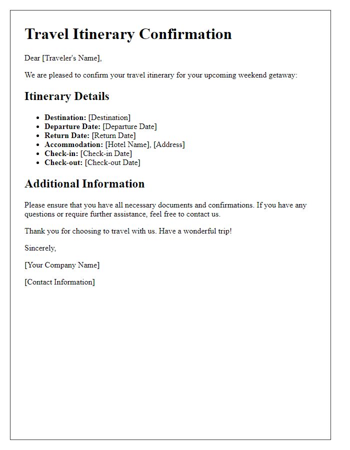 Letter template of travel itinerary confirmation for weekend getaways