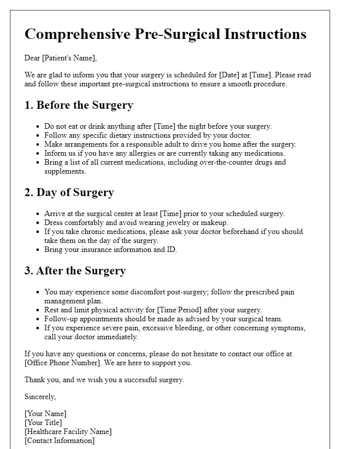 Letter template of comprehensive pre-surgical instructions for patients.