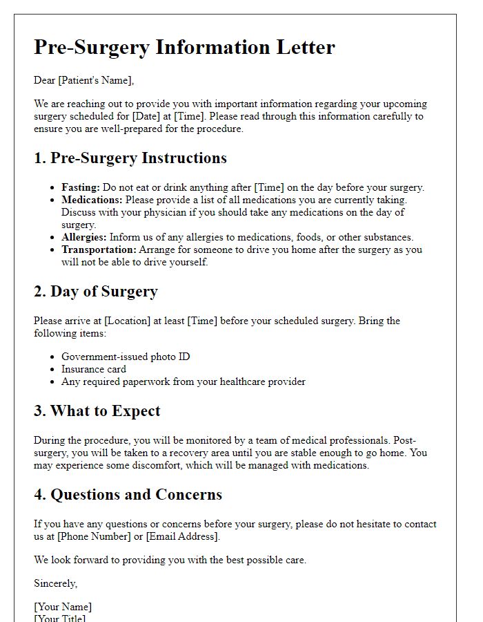 Letter template of detailed surgery prep information for patients.