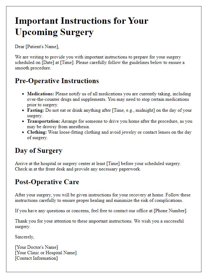 Letter template of instructions for patients undergoing surgery.