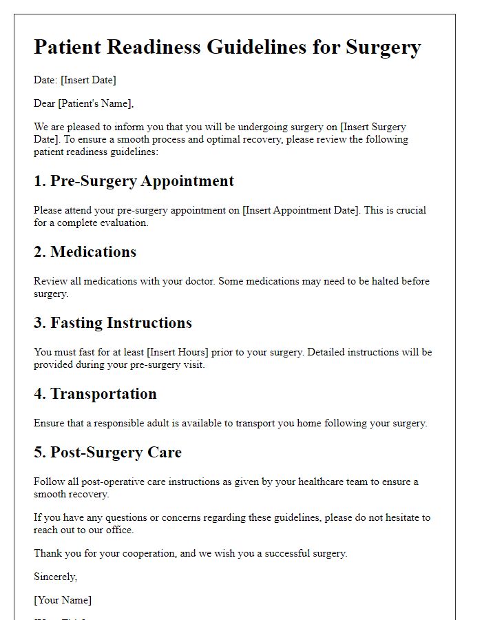 Letter template of patient readiness guidelines for surgery.