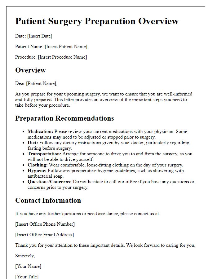 Letter template of patient surgery prep overview and recommendations.