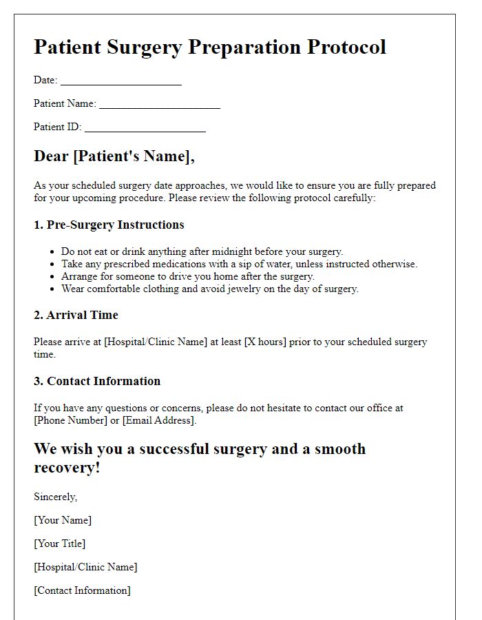 Letter template of patient surgery preparation protocol.