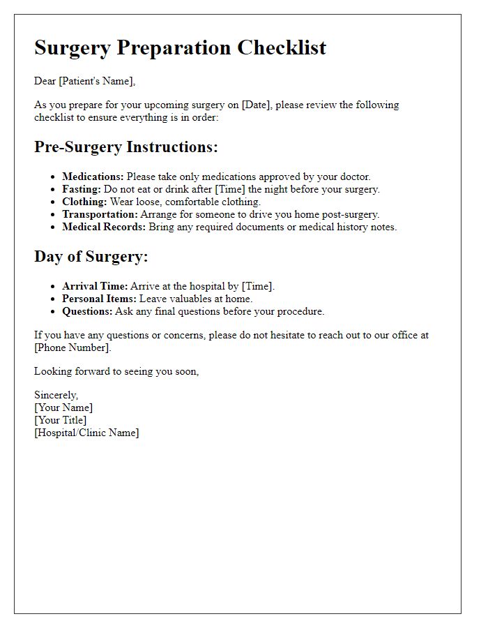 Letter template of surgery preparation checklist for patients.