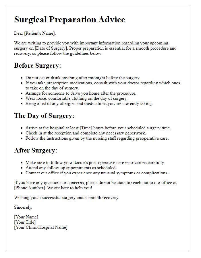 Letter template of surgical preparation advice for patients.