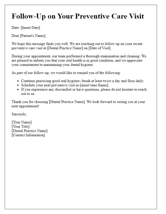 Letter template of dental procedure follow-up after preventive care visit.