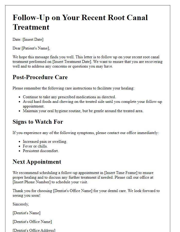 Letter template of dental procedure follow-up after root canal treatment.