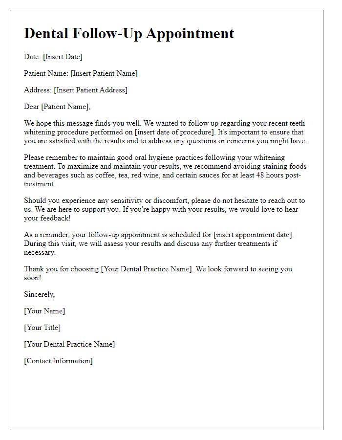 Letter template of dental procedure follow-up after teeth whitening.