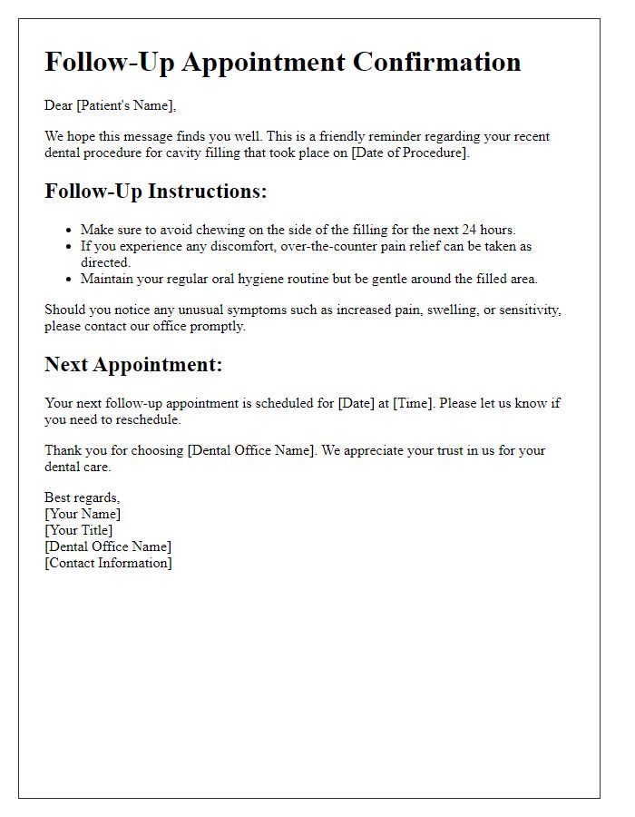 Letter template of dental procedure follow-up for cavity filling.