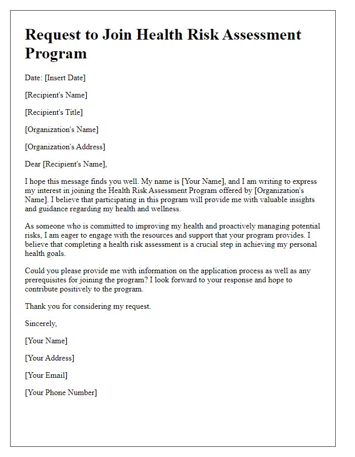 Letter template of Request to Join Health Risk Assessment Program