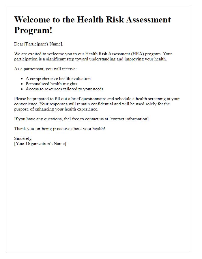 Letter template of Welcome to Health Risk Assessment Participation