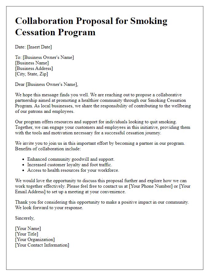 Letter template of smoking cessation program collaboration proposal for local businesses.