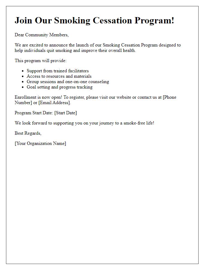 Letter template of smoking cessation program enrollment announcement for community members.