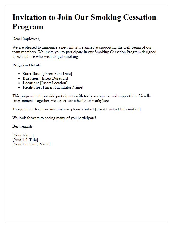 Letter template of smoking cessation program invitation for employees.