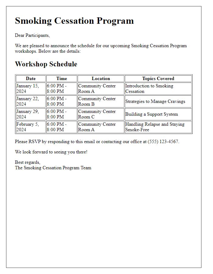 Letter template of smoking cessation program schedule for workshops.