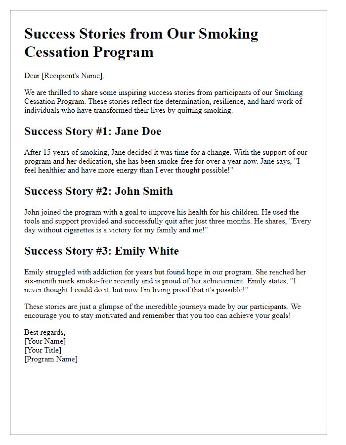 Letter template of smoking cessation program success stories for motivation.