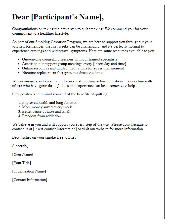 Letter template of smoking cessation program support services for recent quitters.