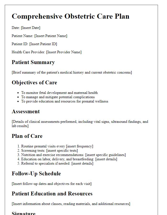 Letter template of comprehensive obstetric care plan for prenatal patients