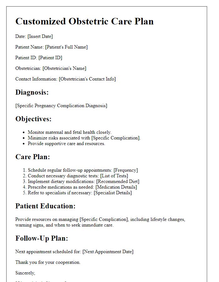 Letter template of customized obstetric care plan for managing pregnancy complications