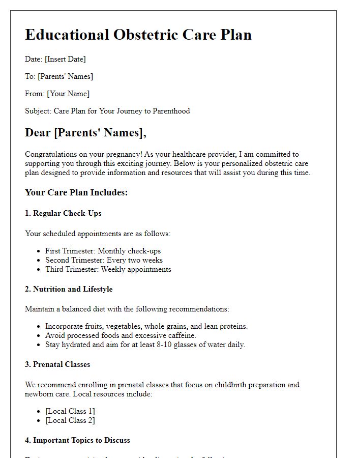 Letter template of educational obstetric care plan for first-time parents