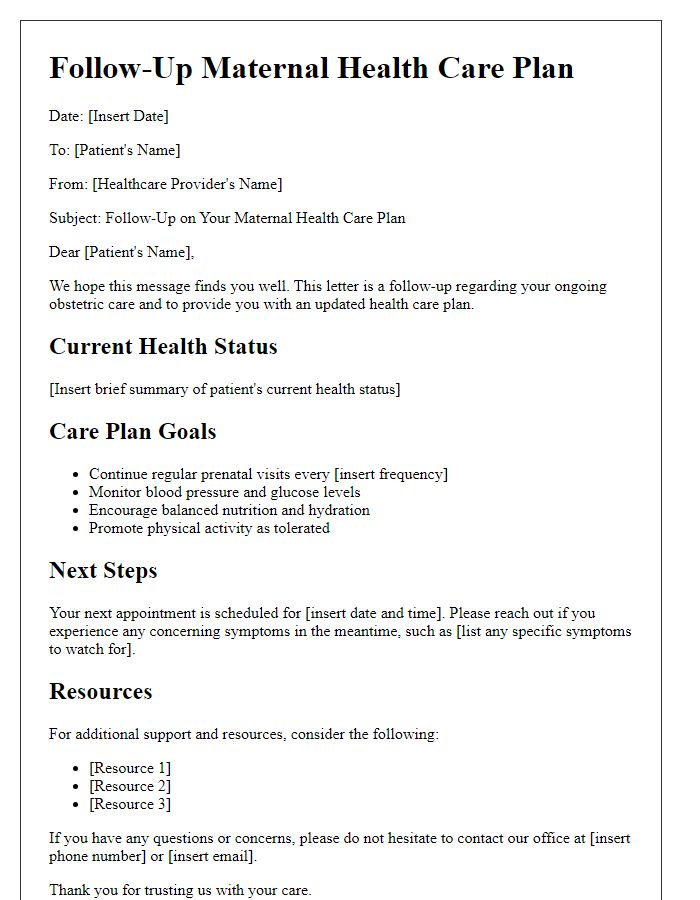 Letter template of follow-up obstetric care plan for ongoing maternal health