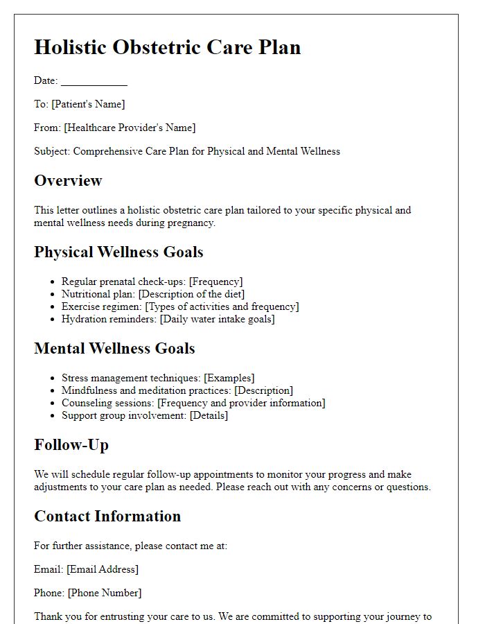 Letter template of holistic obstetric care plan for physical and mental wellness