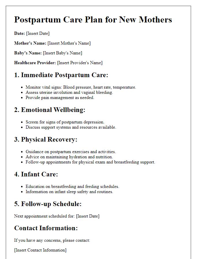 Letter template of postpartum obstetric care plan for new mothers