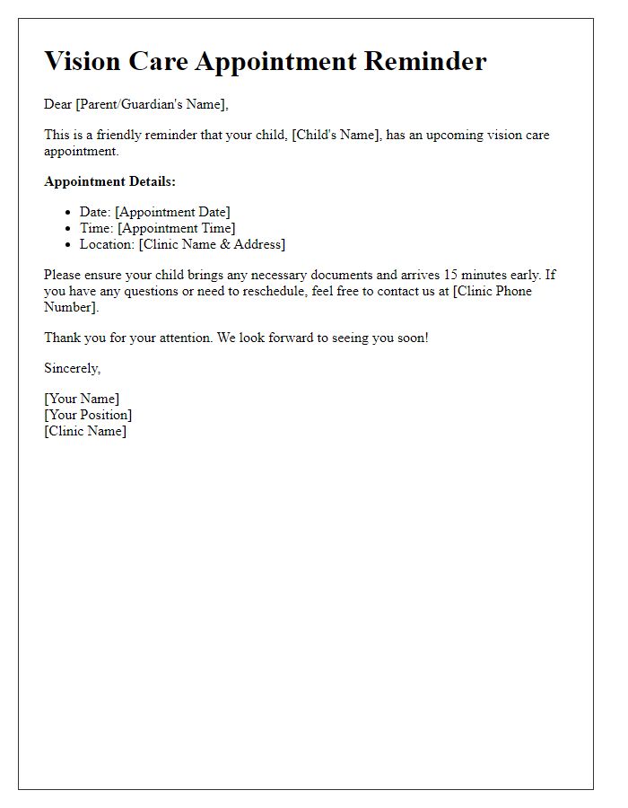 Letter template of vision care appointment reminder for children.