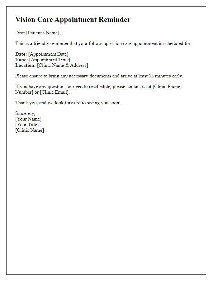 Letter template of vision care appointment reminder for follow-up visits.