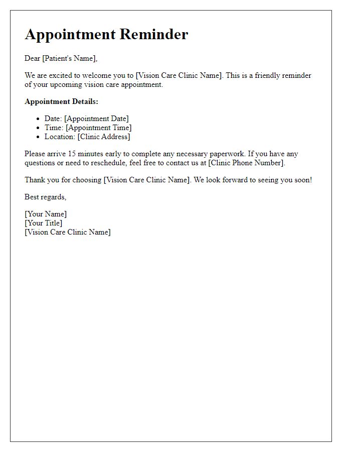 Letter template of vision care appointment reminder for new patients.