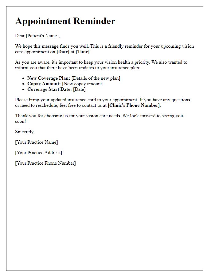 Letter template of vision care appointment reminder for patients with insurance updates.