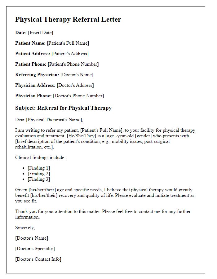 Letter template of physical therapy referral for geriatric care