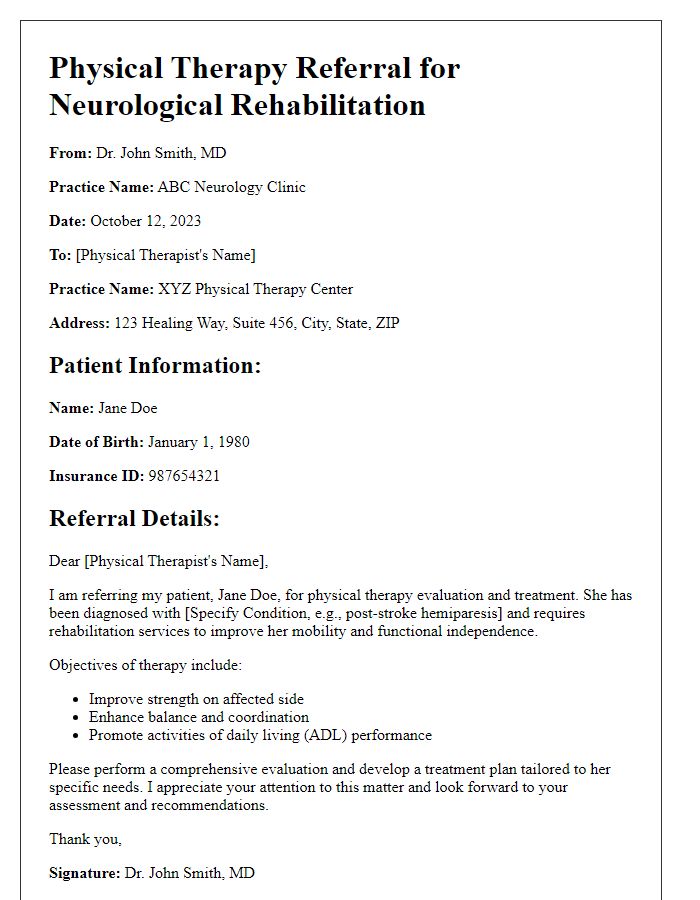 Letter template of physical therapy referral for neurological rehabilitation