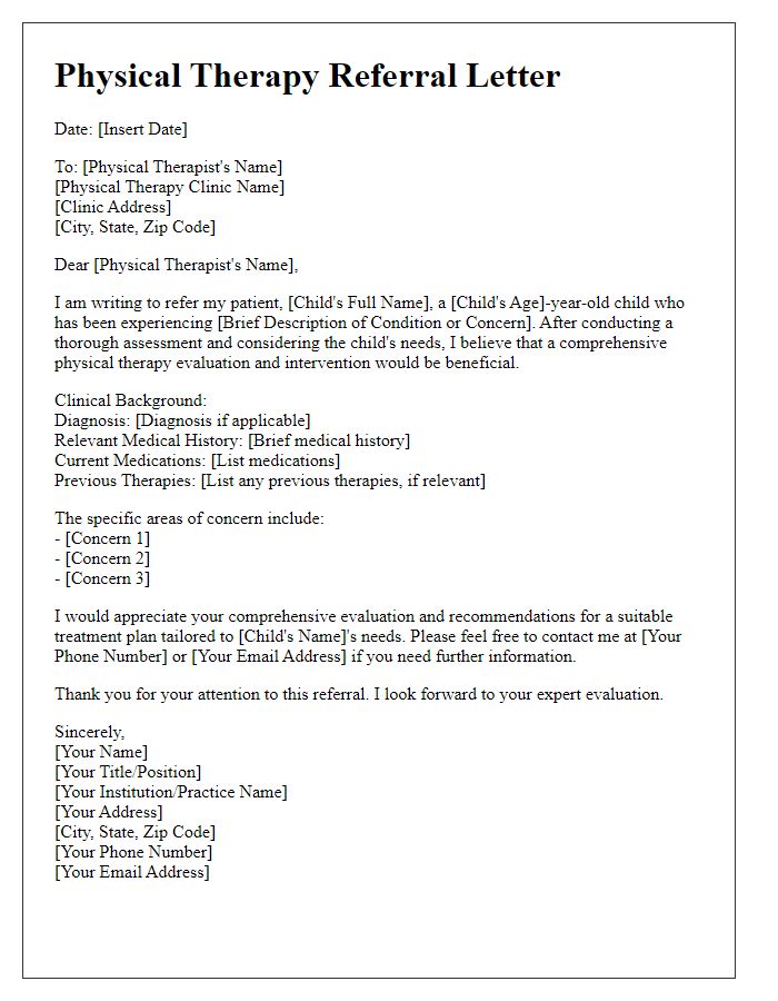 Letter template of physical therapy referral for pediatric assessment