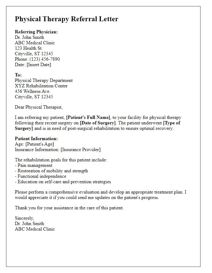 Letter template of physical therapy referral for post-surgical rehabilitation