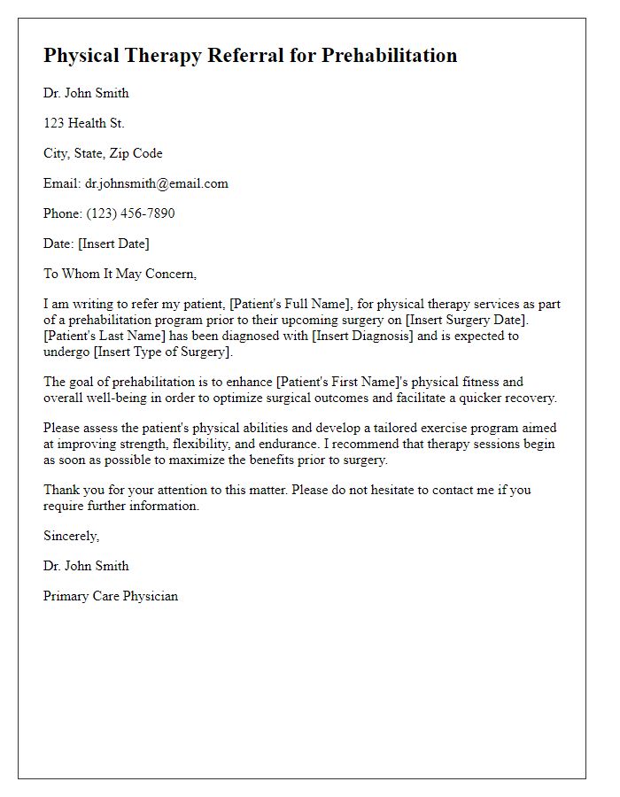 Letter template of physical therapy referral for prehabilitation before surgery