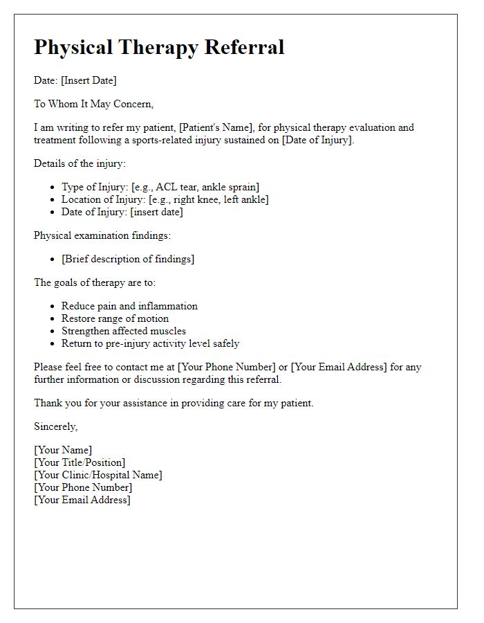 Letter template of physical therapy referral for sports injury recovery