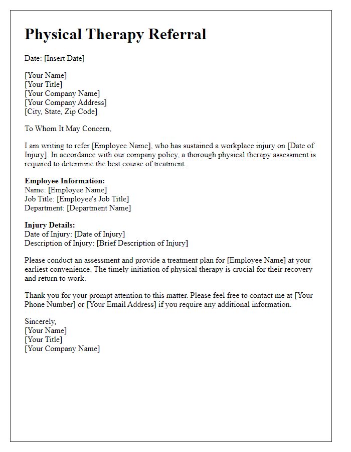 Letter template of physical therapy referral for workplace injury assessment