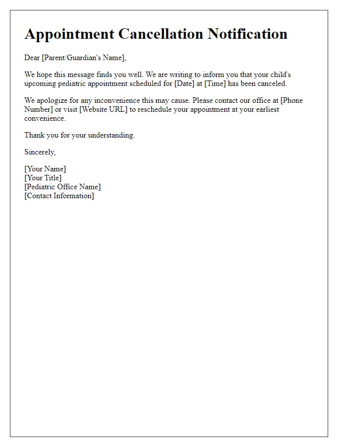 Letter template of pediatric appointment cancellation notification