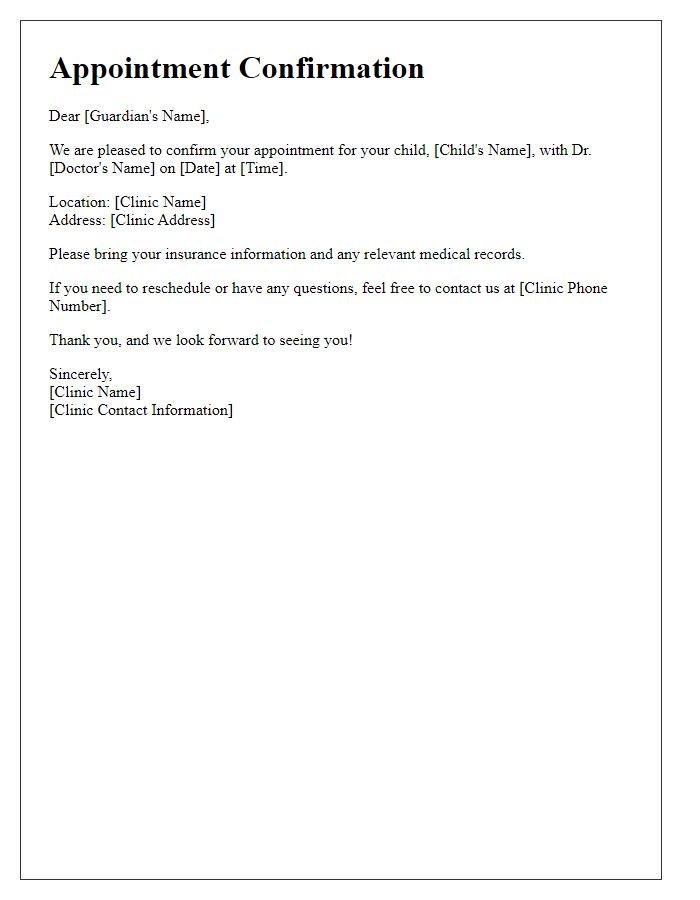 Letter template of pediatric appointment confirmation for guardians